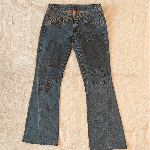True Religion Size 27 Vintage Joey‎ Patch Blue Jeans Low Rise Flare Boot Cut - Picture 1 of 8